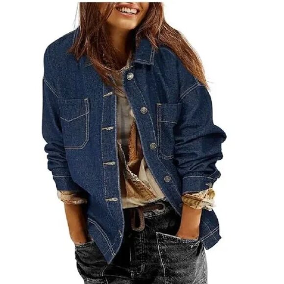 Women's Jean Jacket Boyfriend Button Up Long Sleeve (M) - Picture 1 of 6